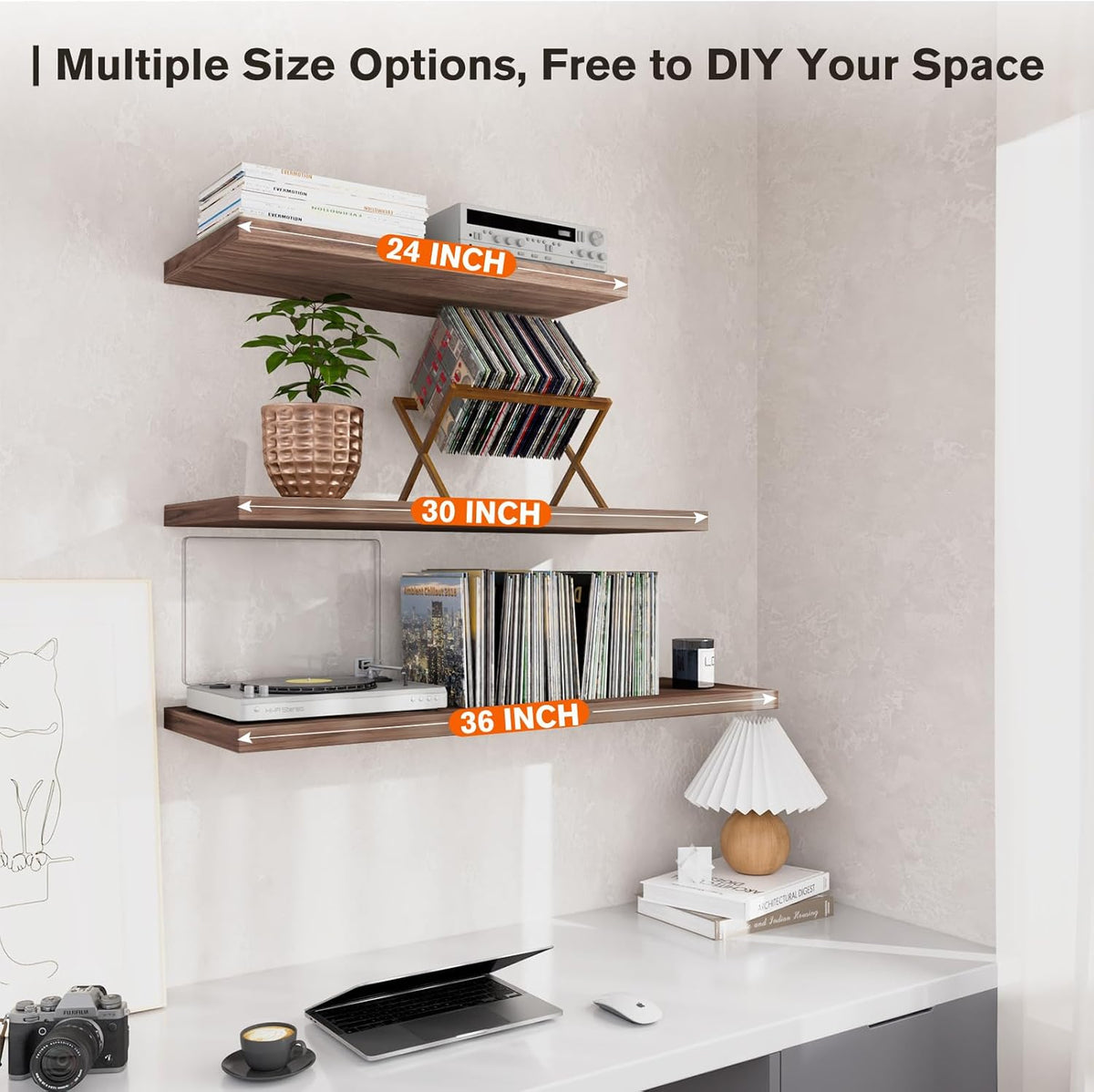 Wall Shelf Set of 2, Walnut Floating Shelves 24 in W x 10 in D x 1 in H, Wooden Floating Wall Shelf