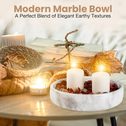 Marble Decorative Bowl - 7.5" White/Grey Solid Marble Centerpiece - Handmade Stone Fruit Bowl