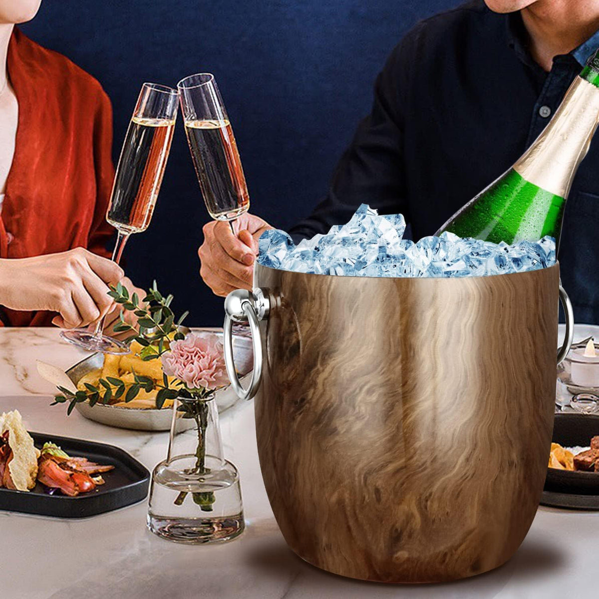 Ice Bucket with Lid, Scoop, Tongs and Strainer - Well Made Insulated Stainless Steel Keep Ice