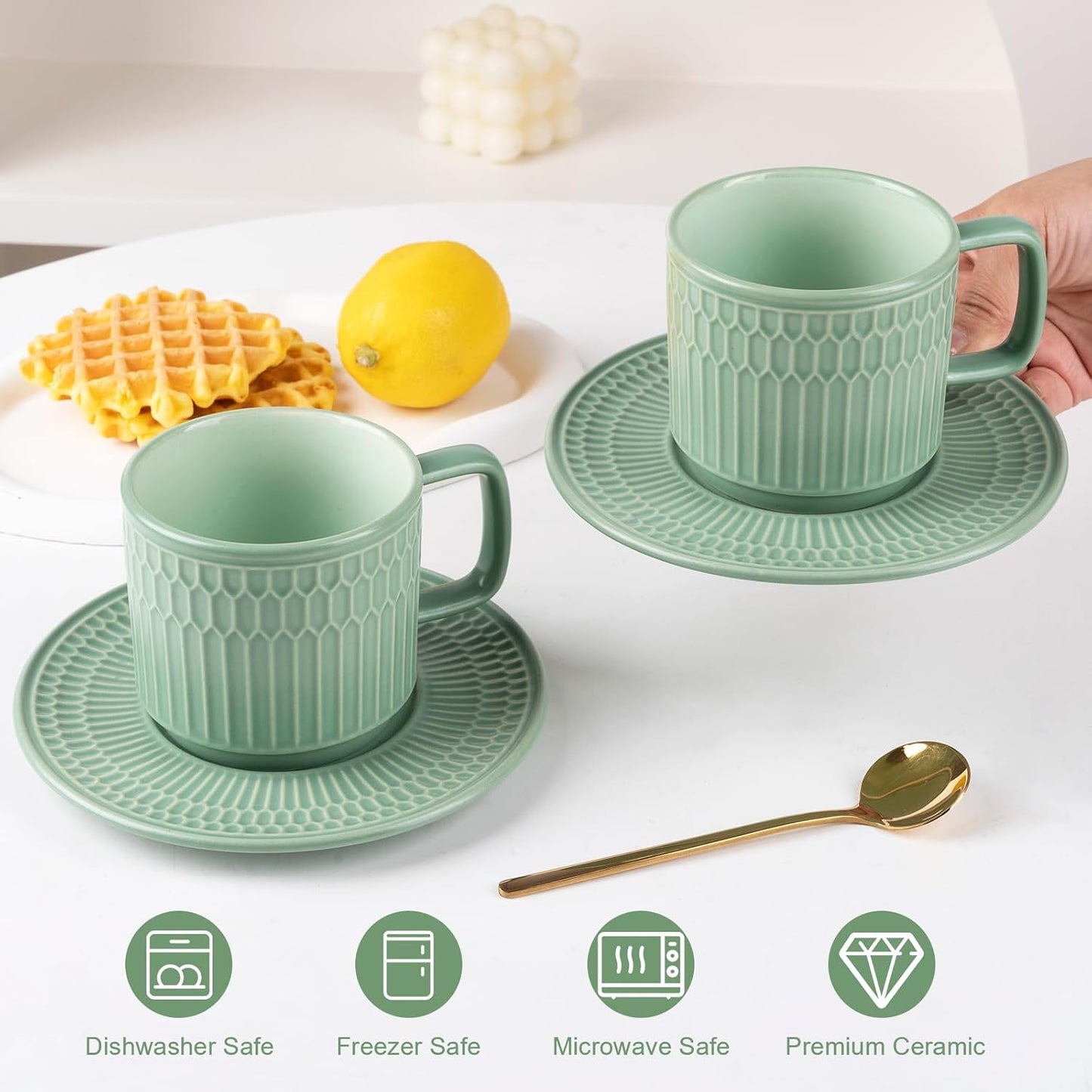 Large Cappuccino Cups with Saucers Set of 4, 8 Ounce Stackable Embossed Ceramic Coffee Mugs for