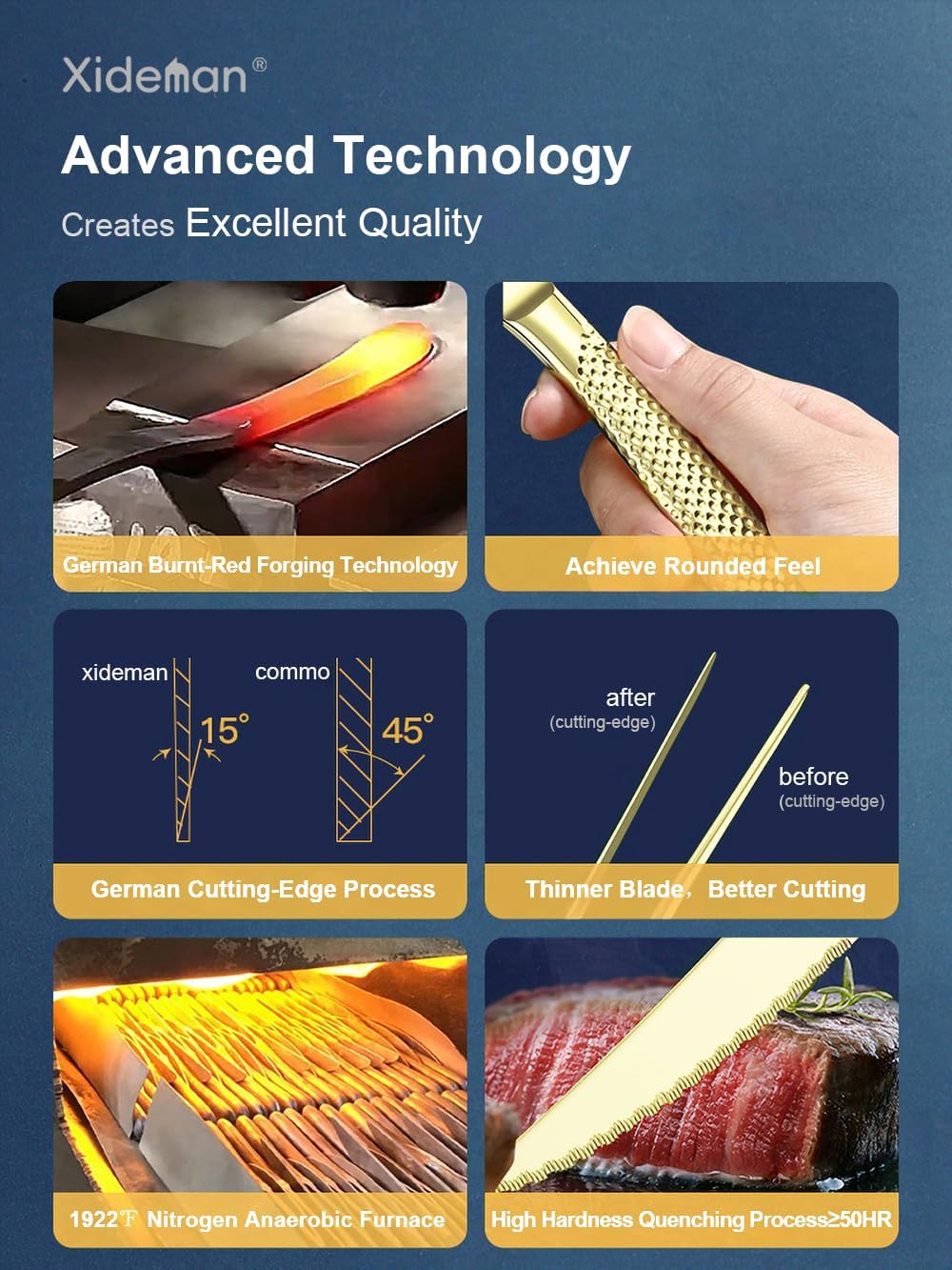 16-Piece Modern Champagne Gold Hammered Silverware Set with Ultra Sharp 2-IN-1 Serrated Knive