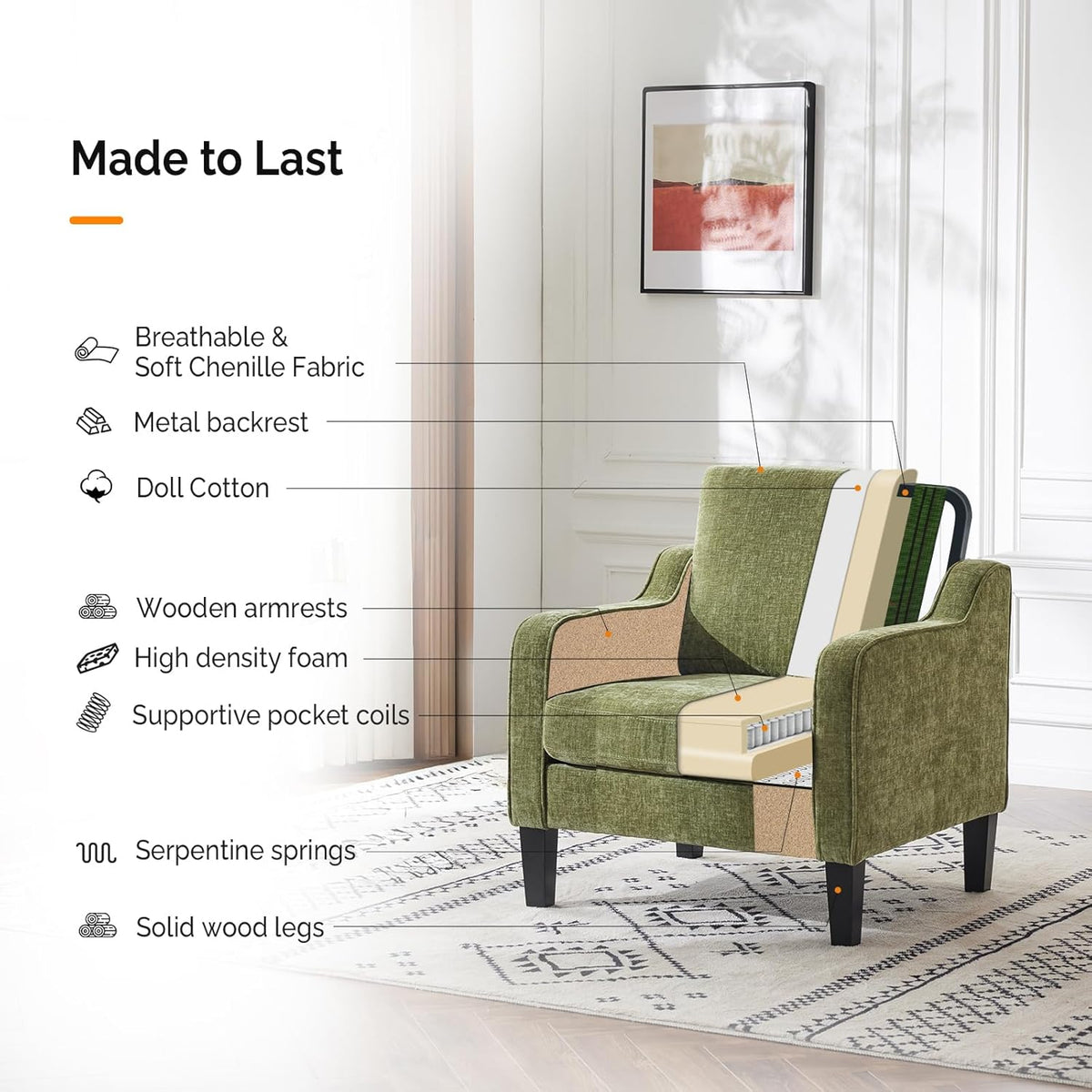 VINGLI Accent Chairs Set of 2 Living Room Chairs Olive Green Reading Chair for Bedroom Scooped Arm