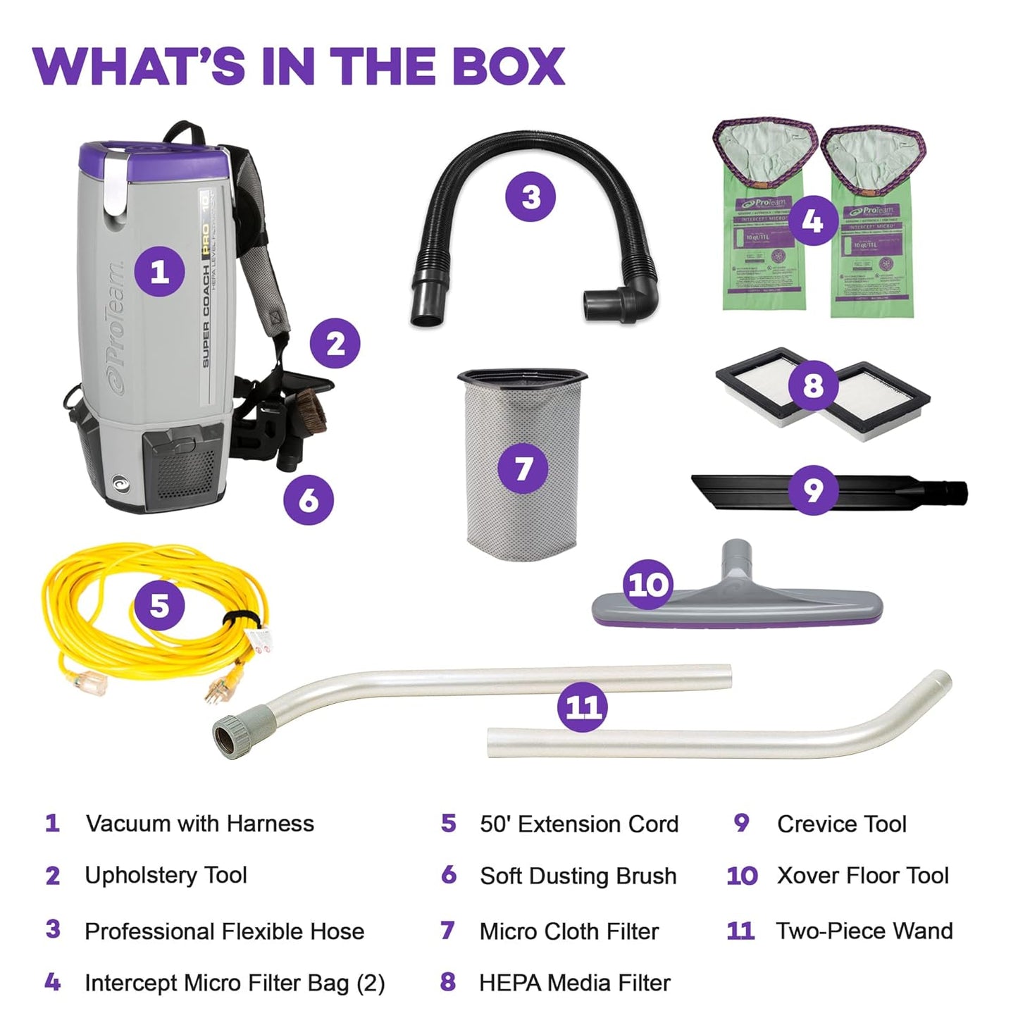 ProTeam Super Coach Pro 10 Backpack Vacuum Commercial with 2 Piece Wand Tool Kit, 10 Quart, Corded