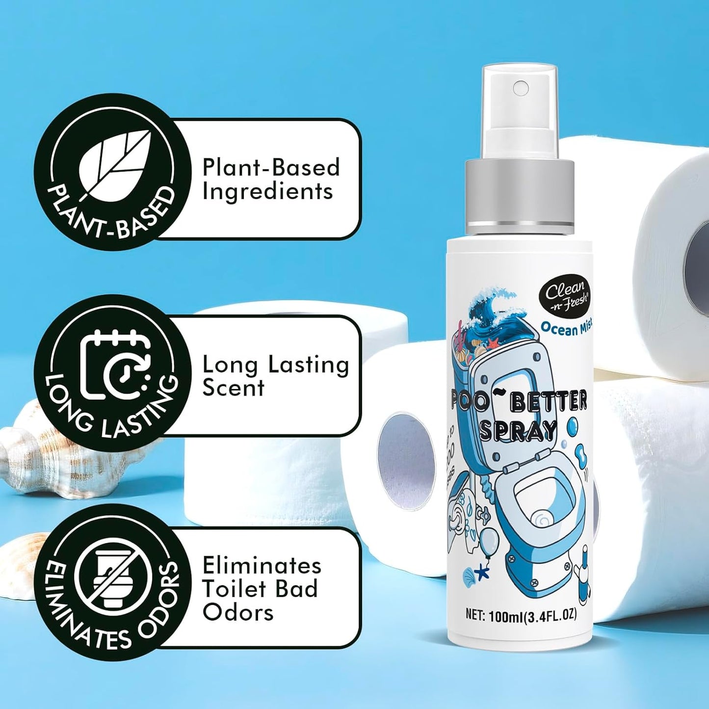 Clean-n-Fresh Toilet Spray, Ocean Mist, Air Freshener Bathroom Spray, Toilet Bathroom Odor