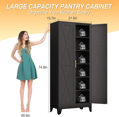 75" Tall Metal Kitchen Pantry Storage Cabinet, Freestanding Cupboard with 2 Doors and 5 Adjustable