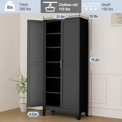 Black Metal Storage Cabinet,75" Steel Cabinets for Home Office, Kitchen Pantry Storage Cabinet with