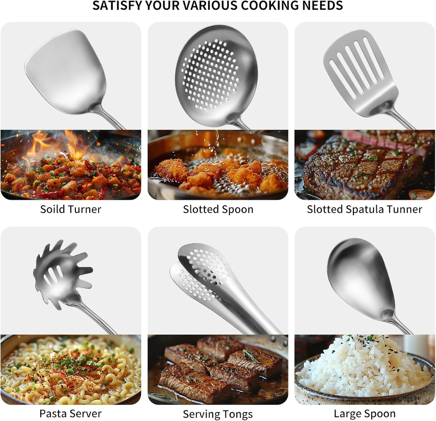 304 Stainlss Steel Kitchen Utensils Set, 11 Pcs Long Metal Cooking Utensil Gadgets Tools Set with