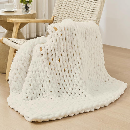 Bigacogo Chunky Knit Throw Blanket for Couch, 40x40 inches, 100% Hand Knitted with Thick Jumbo