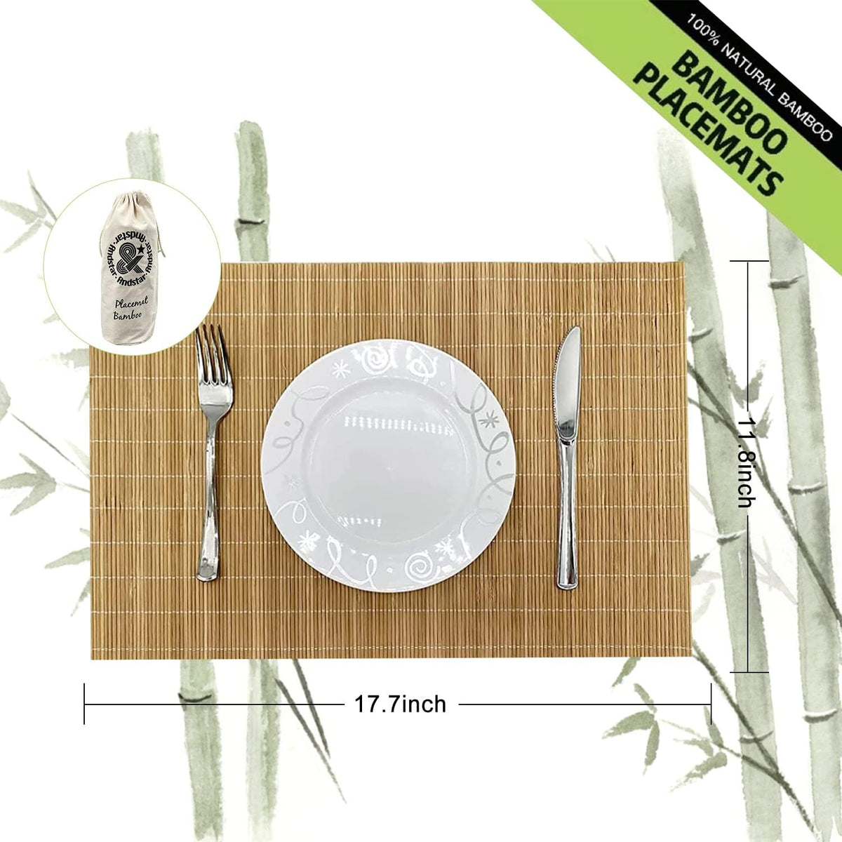 ANDSTAR Bamboo Placemats Set of 6 Non-Slip - 12x18 Inch Waterproof Table Mats for Dining