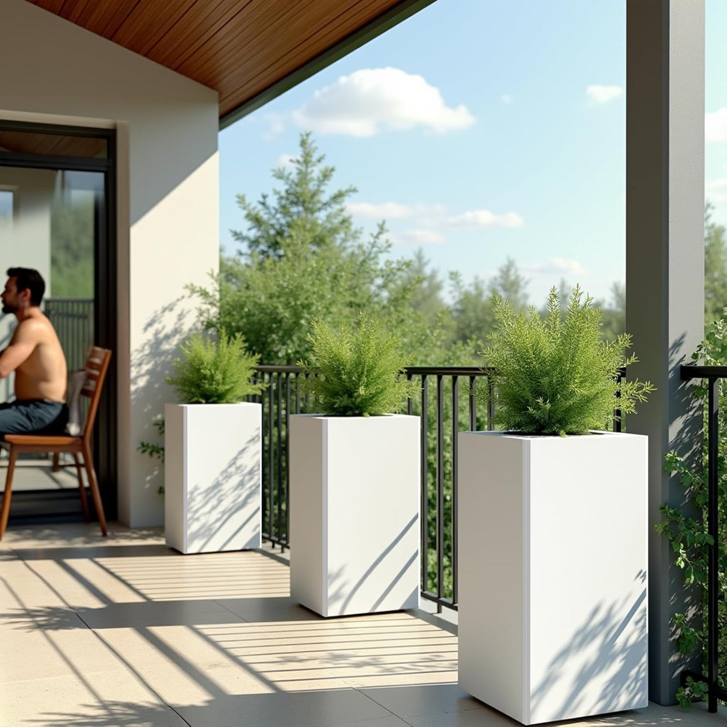 Galvanized Steel Metal Planter, 26 Inch White Square Outdoor Planters with Removable Insert Shelf