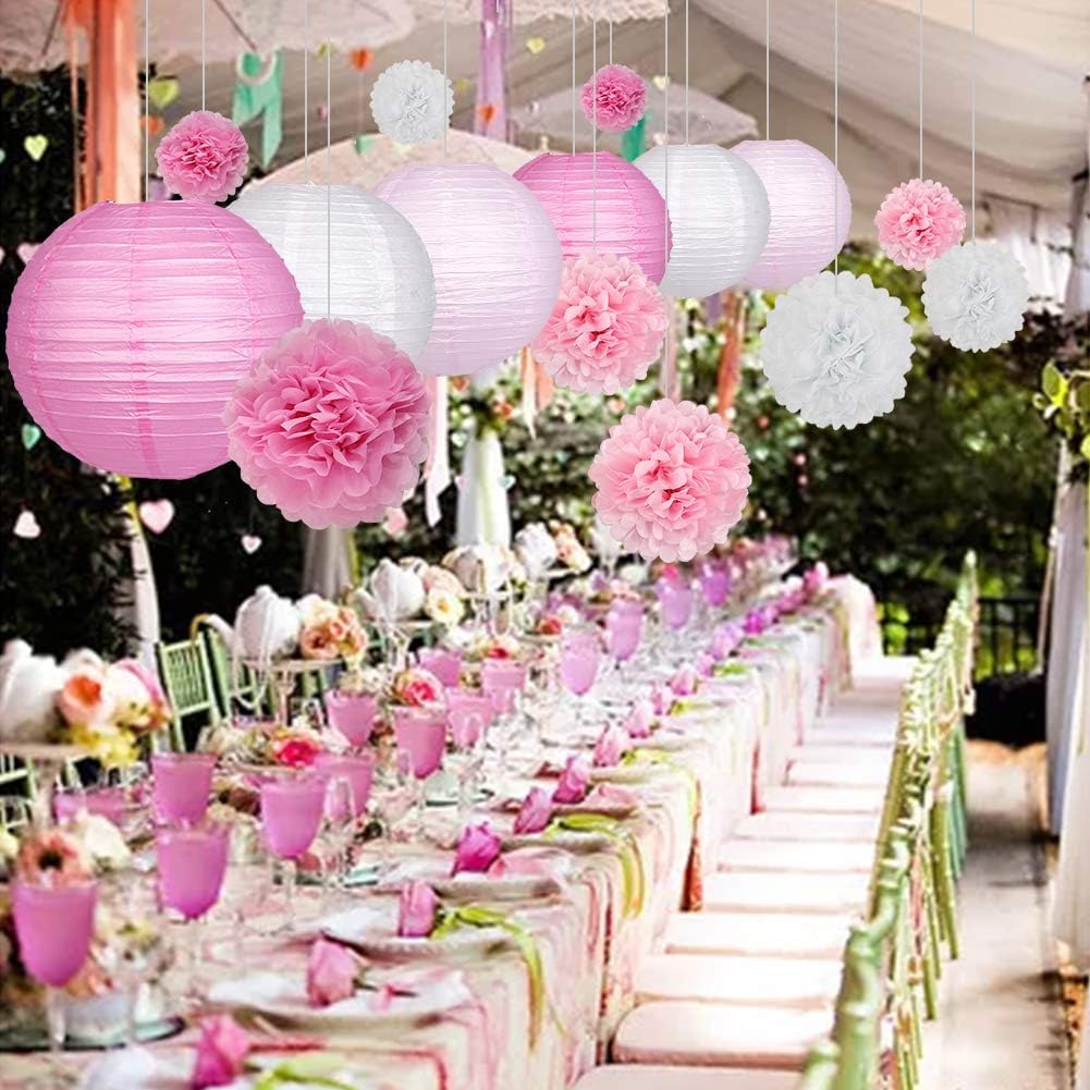 15Pcs Party Pack Paper Lanterns and Pom Pom Balls Hanging Decoration for Wedding Birthday Baby