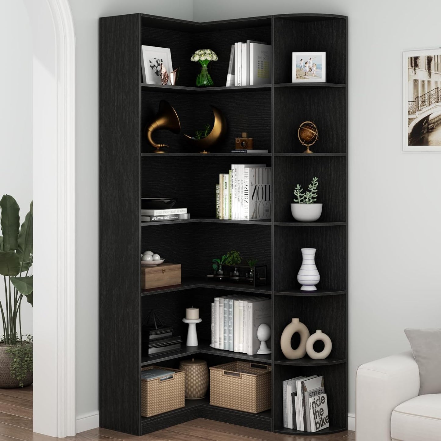 Loomie Black Book Shelf, 6 Tiers Shelf Large Tall Corner Etagere Bookcase with Full Baffle