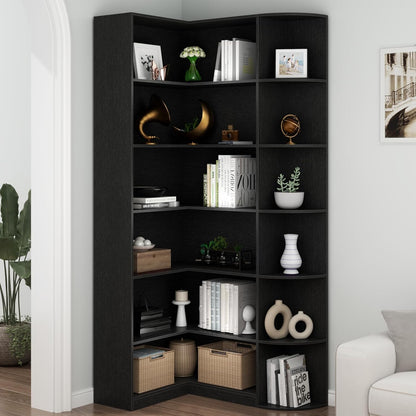 Loomie Black Book Shelf, 6 Tiers Shelf Large Tall Corner Etagere Bookcase with Full Baffle