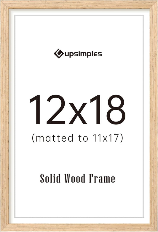 upsimples 12x18 Frame, Natural Solid Wooden Picture Frames, Display 11x17 with Mat or 12 x 18