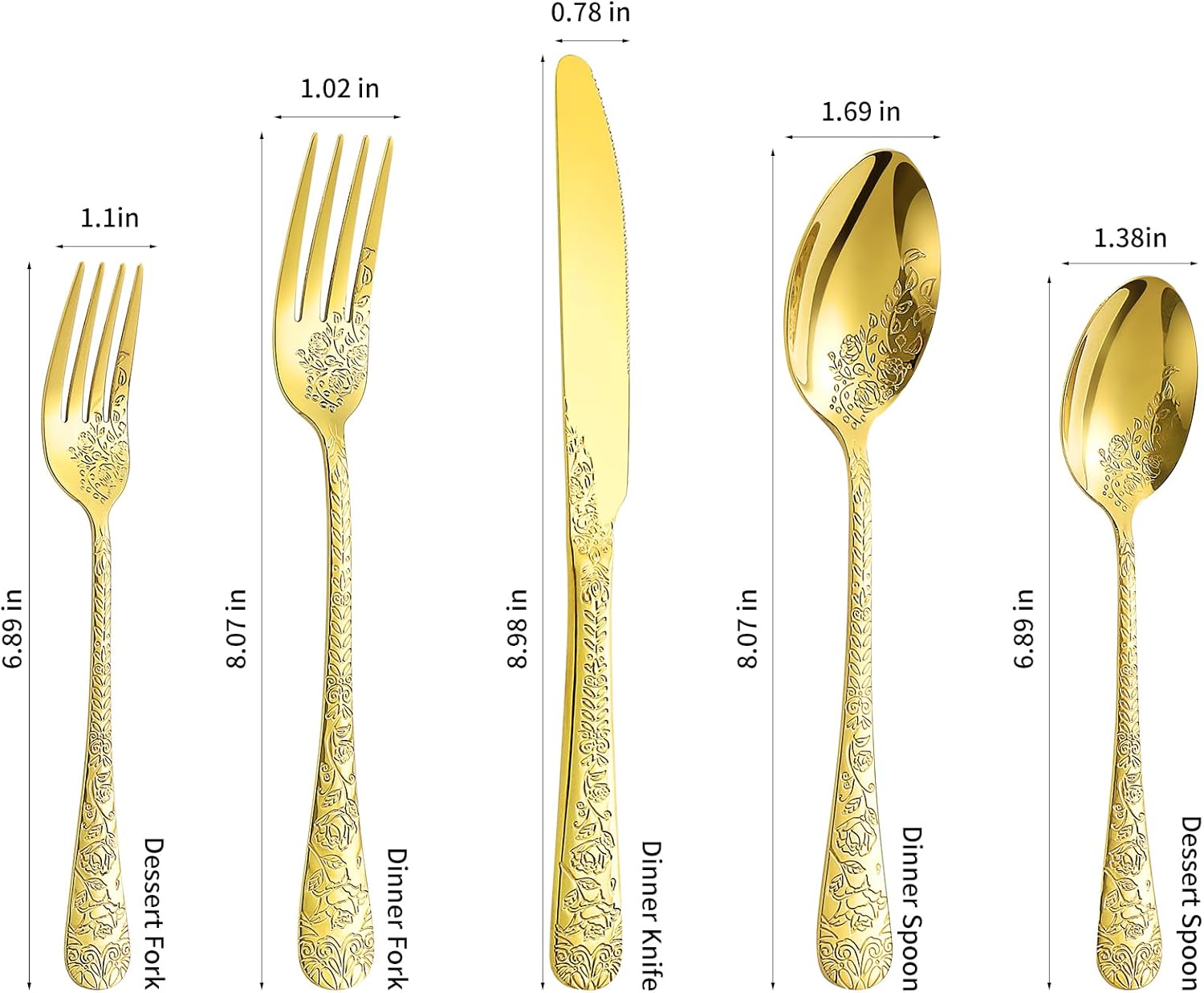 Floral 40 Pcs Gold Silverware Set for 8, Food Grade Stainless Steel Flatware Set with Rose Flower