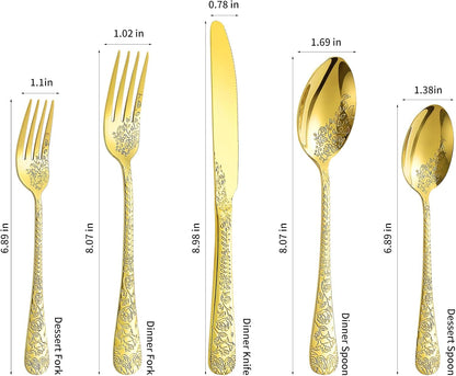 Floral 40 Pcs Gold Silverware Set for 8, Food Grade Stainless Steel Flatware Set with Rose Flower
