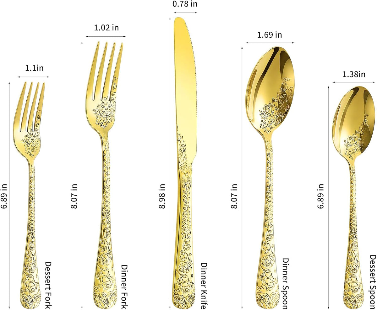 Floral 20 Pcs Gold Silverware Set for 4, Food Grade Stainless Steel Flatware Set with Rose Flower