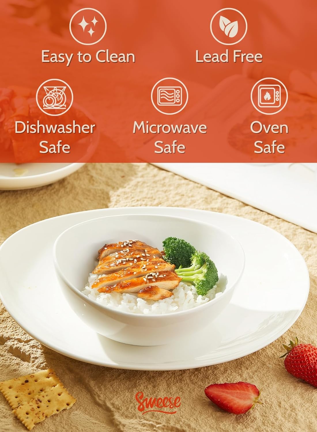 Sweese Porcelain Bowls Set - 6 Inch, 18 oz, White, for Soup, Cereal, Fruit, Rice, Set of 6
