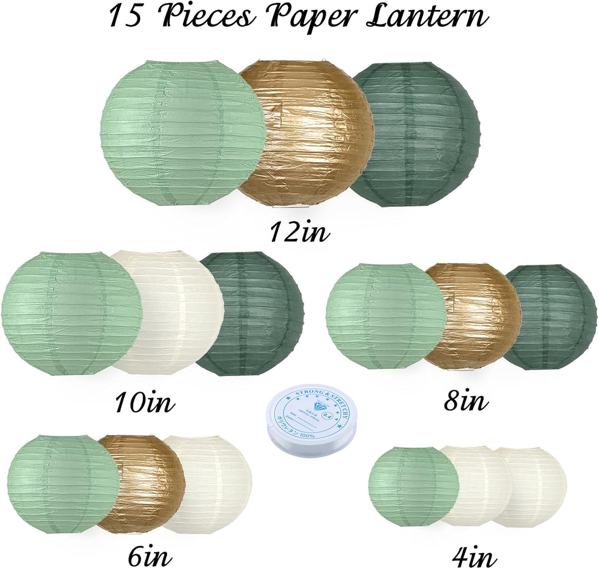 Paper Lanterns Decorative, Round Paper Lanterns Decorations Sage Green/Forest Green/Gold/White for