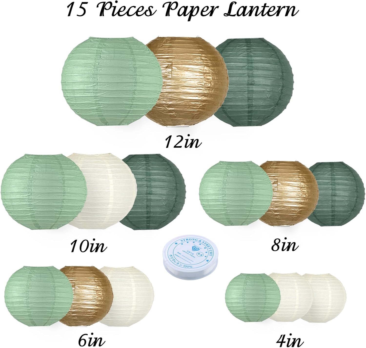 Paper Lanterns Decorative, Round Paper Lanterns Decorations Sage Green/Forest Green/Gold/White for