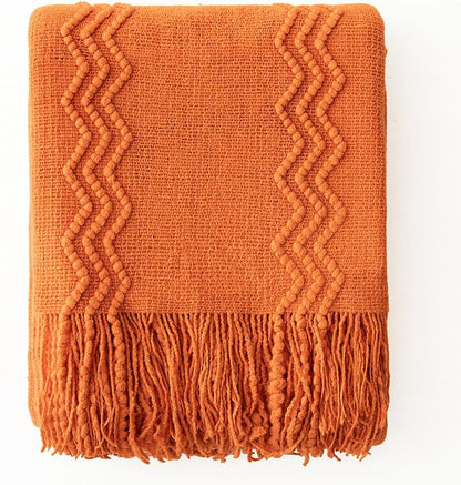MIULEE Burnt Orange Knitted Throw Blanket for Couch Boho Textured Cozy Woven Blanket with Tassels