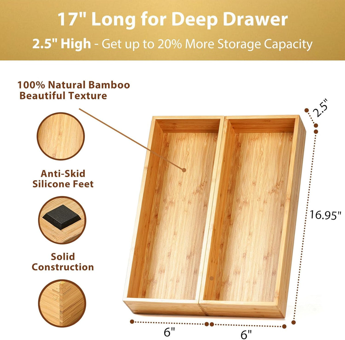 Umilife Bamboo Kitchen Utensils Organizer, Extra Long High Silverware Drawer Holder, Flatware