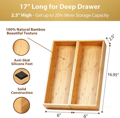 Umilife Bamboo Kitchen Utensils Organizer, Extra Long High Silverware Drawer Holder, Flatware