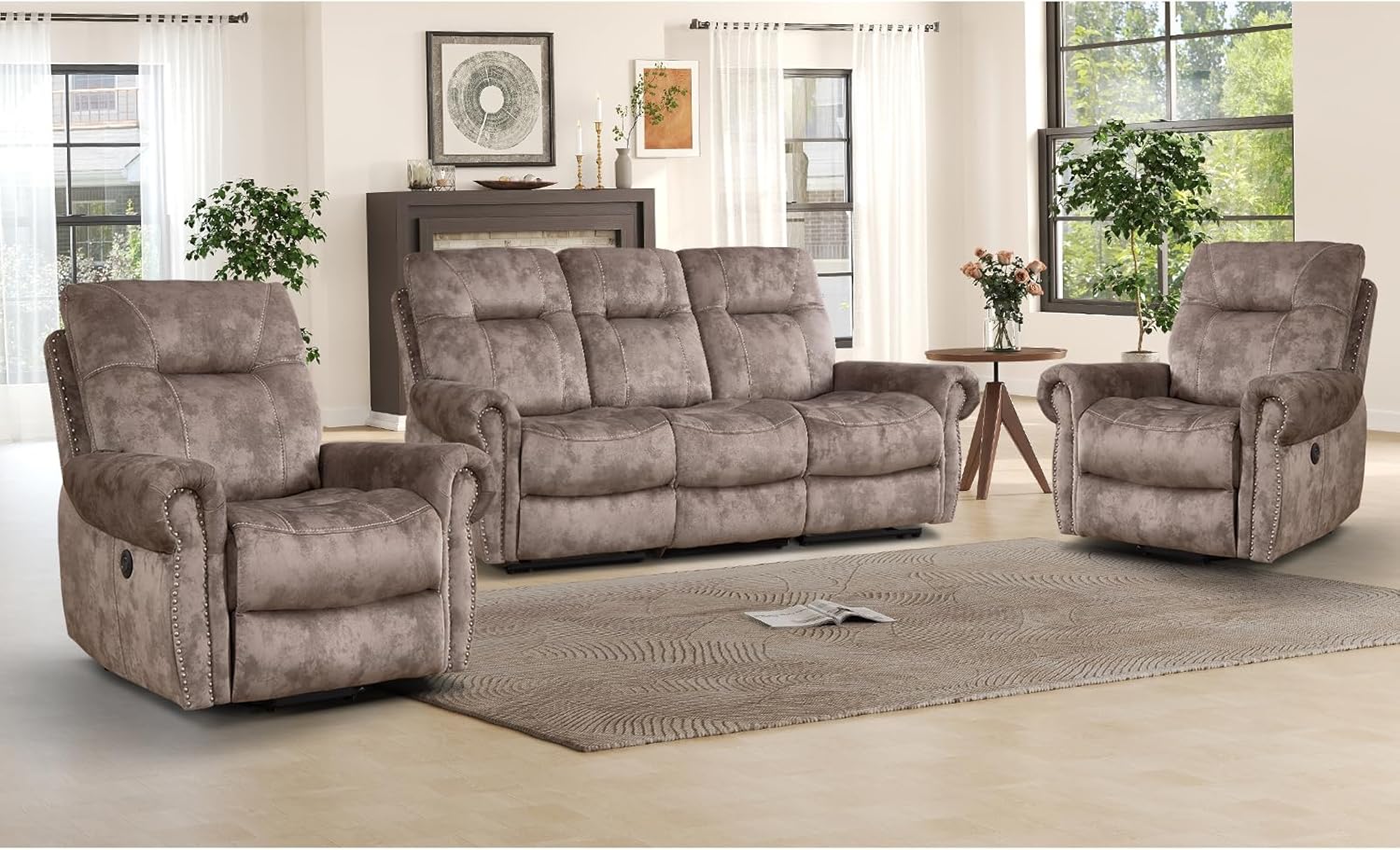 EBELLO 3 Pieces Reclining Couch Furniture Set for Living Room, Double 1 Seat Power Recliner Chair