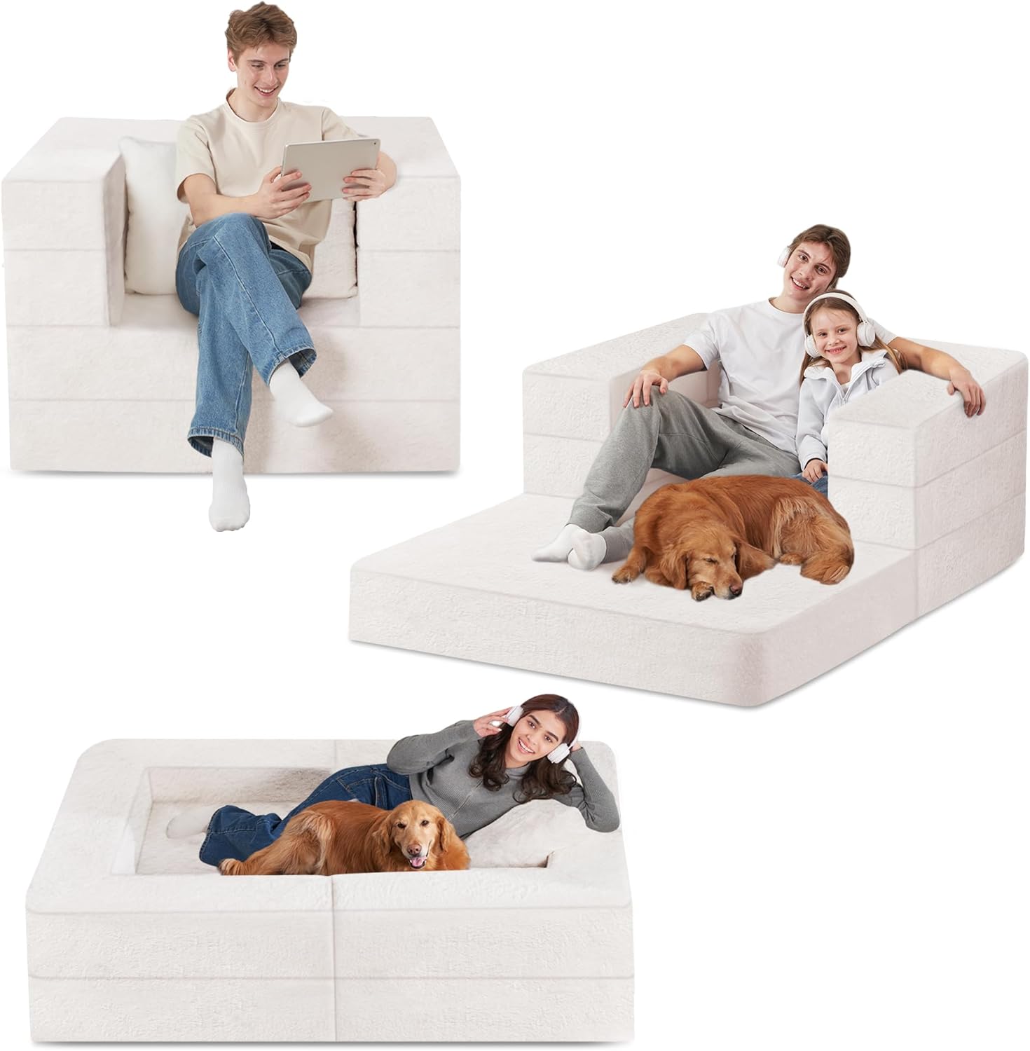 Folding Bean Bag Chair for Adults,3-in-1 Bean Bag Couch Faux Fur Floor Sofa Large Beanbag