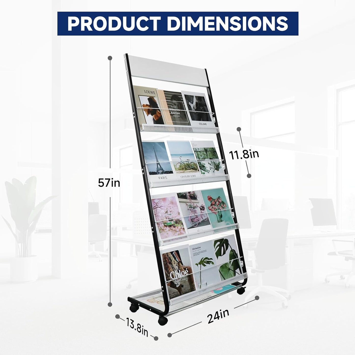 4-Tier Floor-Standing Magazine Rack with Wheels – Perfect Brochure Display Stand for Exhibitions