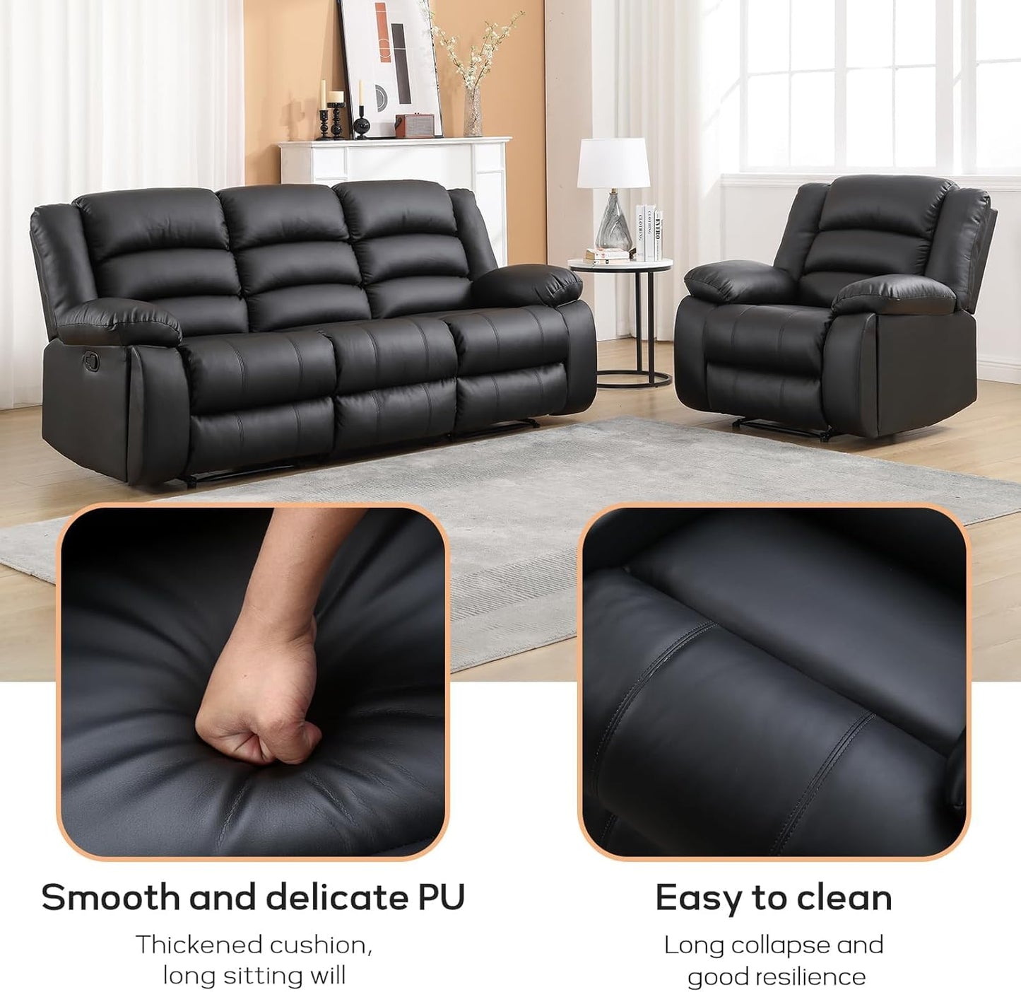 EBELLO Faux Leather Manual Recliner Sofa Set, 2 Recliner Chair, 3 Seat Reclining Sofa, Couch Set