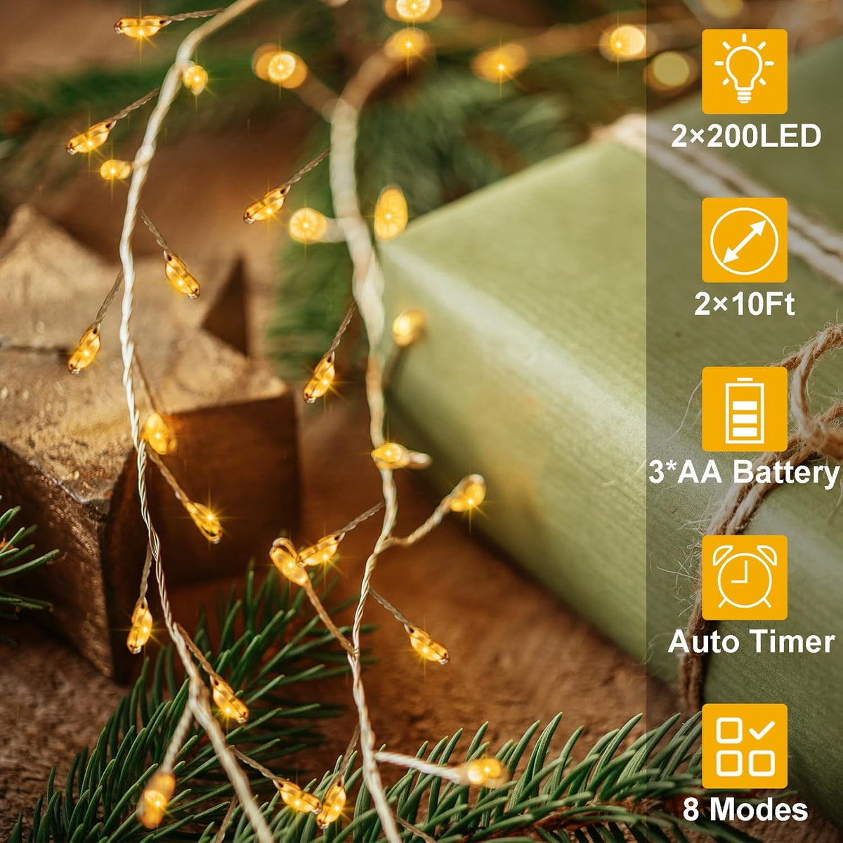 2 Pack Cluster Fairy Lights Battery Operated, Total 20Ft 400 LED Christmas String Lights with Timer