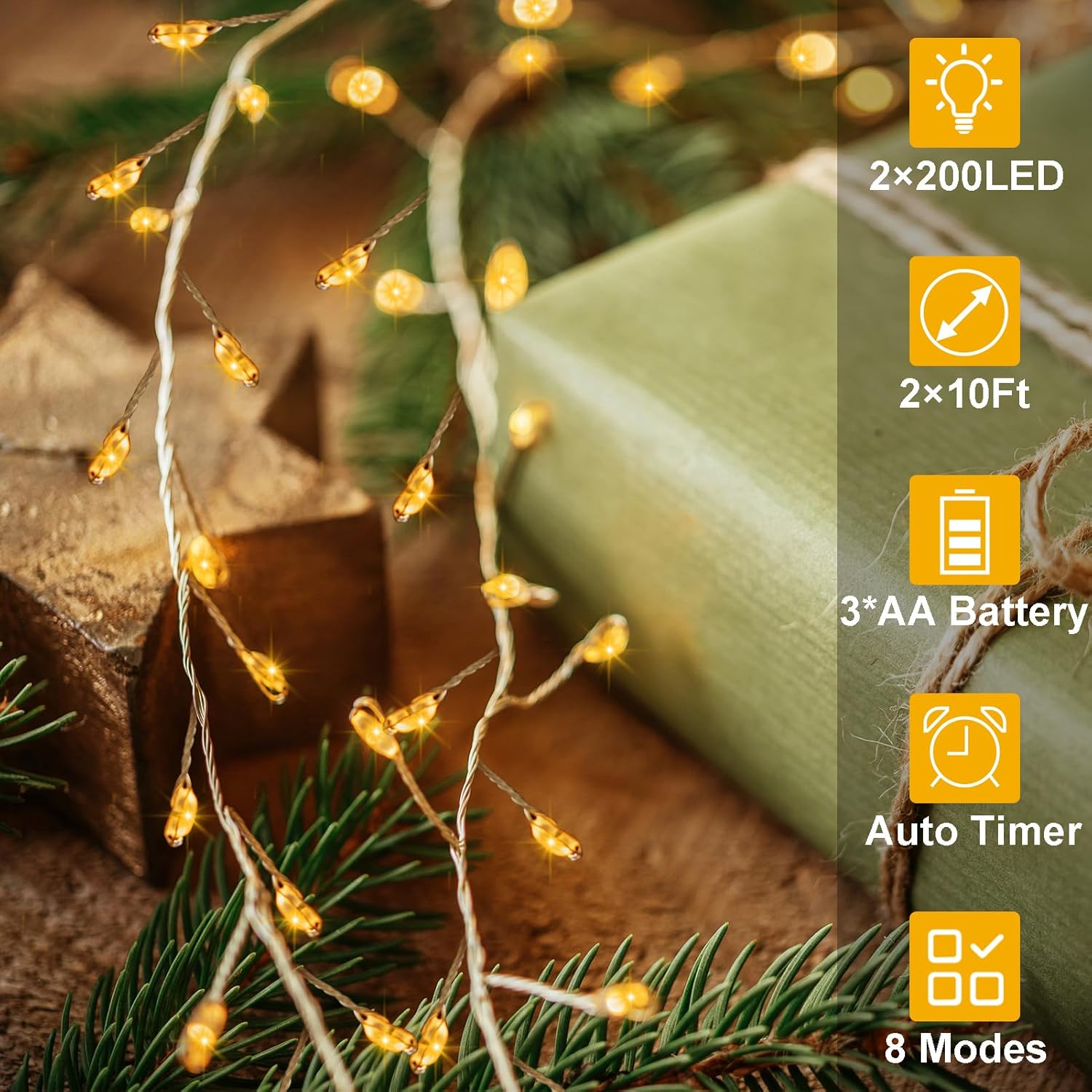 2 Pack Cluster Fairy Lights Battery Operated, Total 20Ft 400 LED Christmas String Lights with Timer