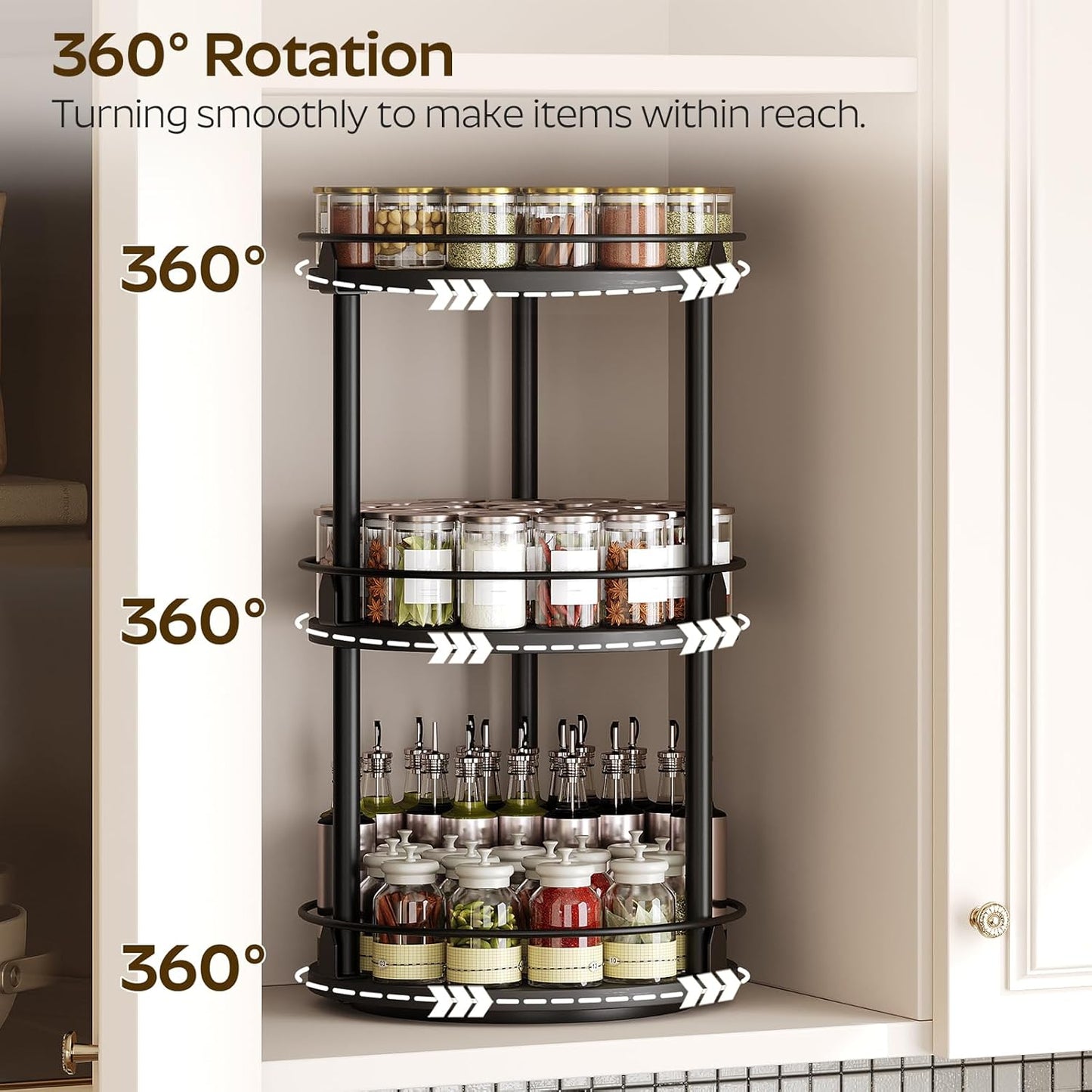 3-Tier Lazy Susan Organizer, Rotating Spice Rack, Spinning Organizer, Industrial Turntable Spice