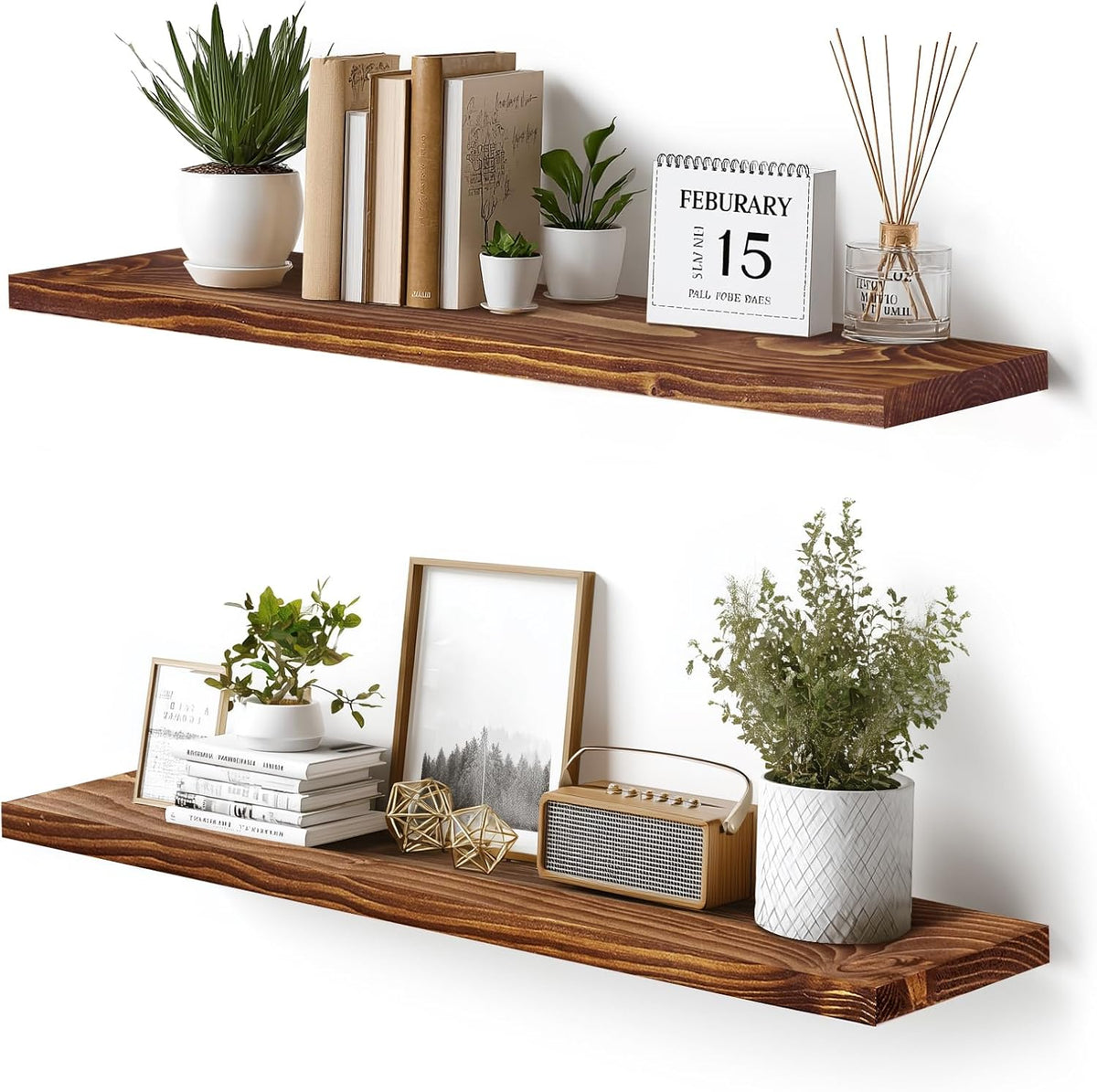 Floating Wall Shelves 2-Pack - 36-Inch Rustic Brown Wooden Shelves for Storage and Décor, Easy