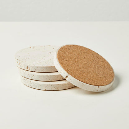 Marble Coasters – Set of 4 –Beige Travertine Bar Coasters for Drinks, Coffee –Stone Holder for Home