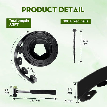 No Dig Landscape Edging 2" x 33FT Kit, Plastic Edging for Landscaping with 100 Spikes, for Garden