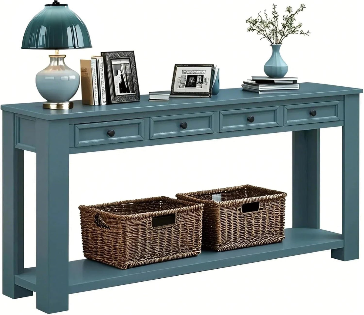 Solid Wood Console Table,63 in Long Sofa Table Entryway Table with 4 Drawers and Bottom Shelf for