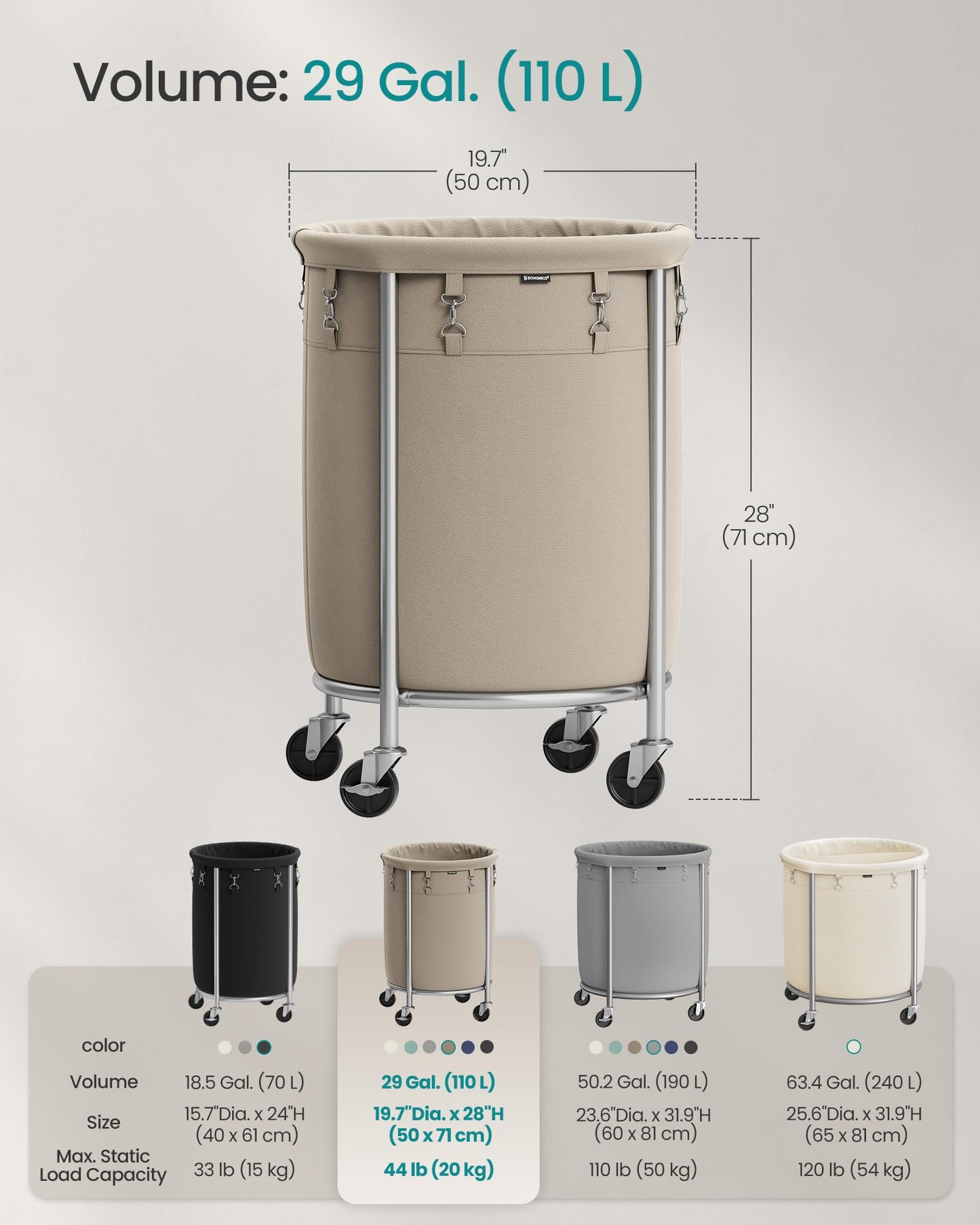 SONGMICS Laundry Basket, Rolling Steel Frame with 2 Locking Wheels, 110 L
