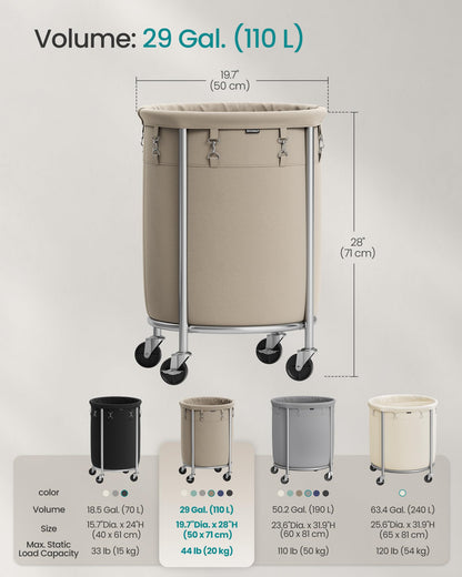 SONGMICS Laundry Basket, Rolling Steel Frame with 2 Locking Wheels, 110 L