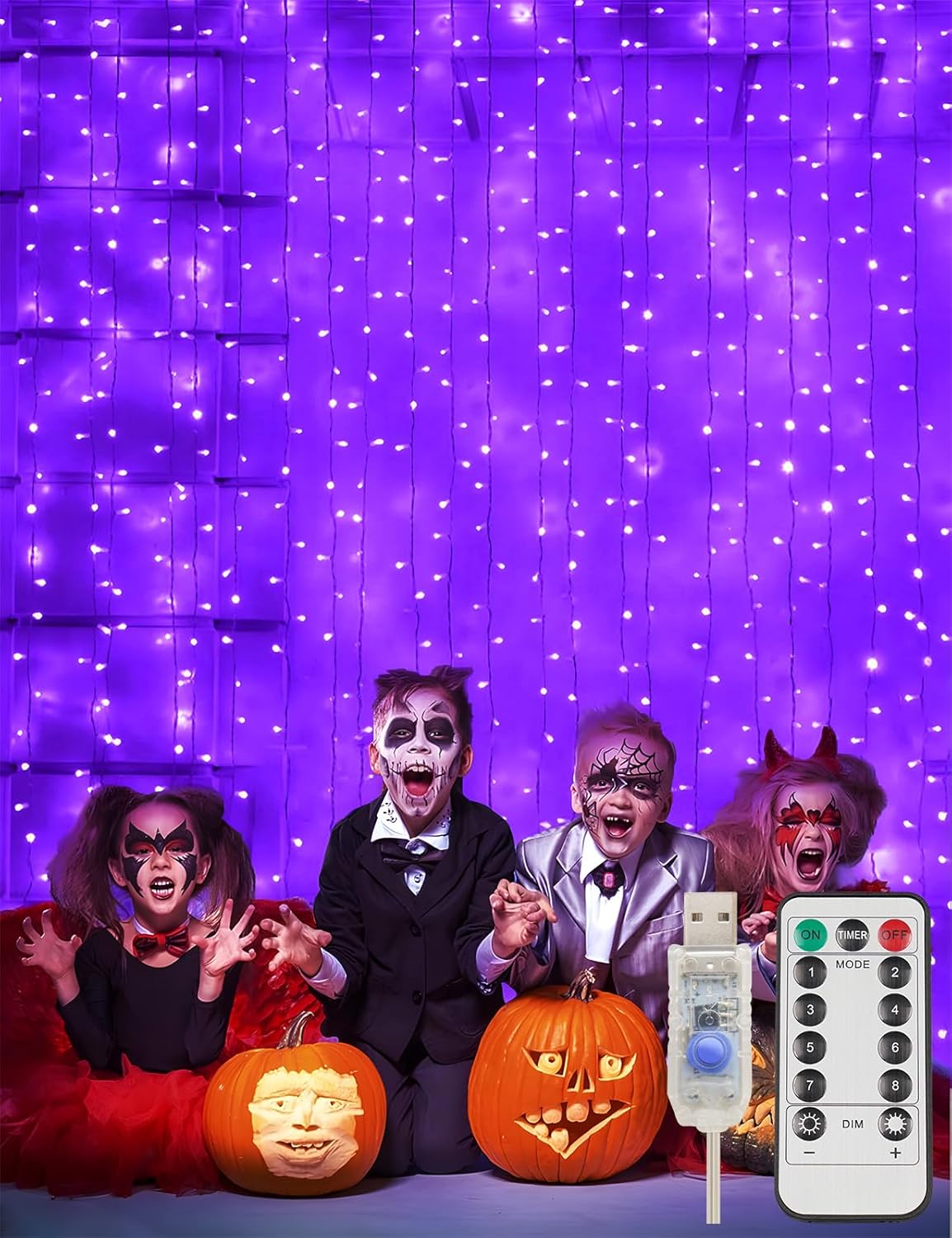 suddus Purple Curtain Lights for Halloween, 200 LED Hanging String Lights with USB Plug, Curtain