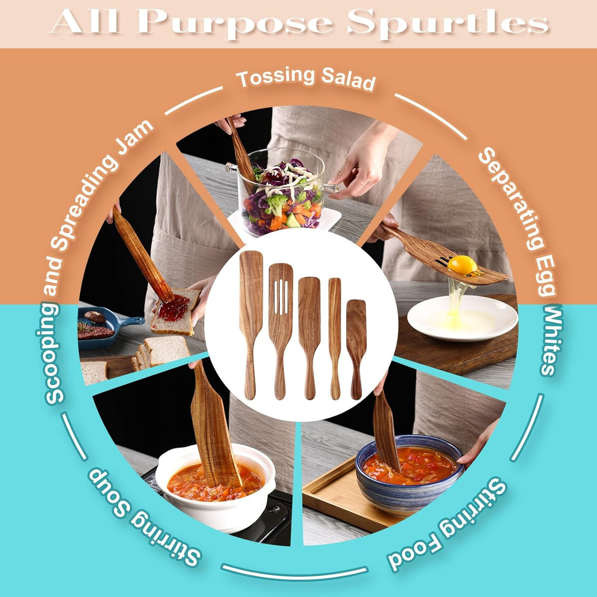 5 Pcs Wooden Spurtle Set, Natural Teak Kitchen Utensil Set Heat Resistant Non-Stick Wooden Spoons