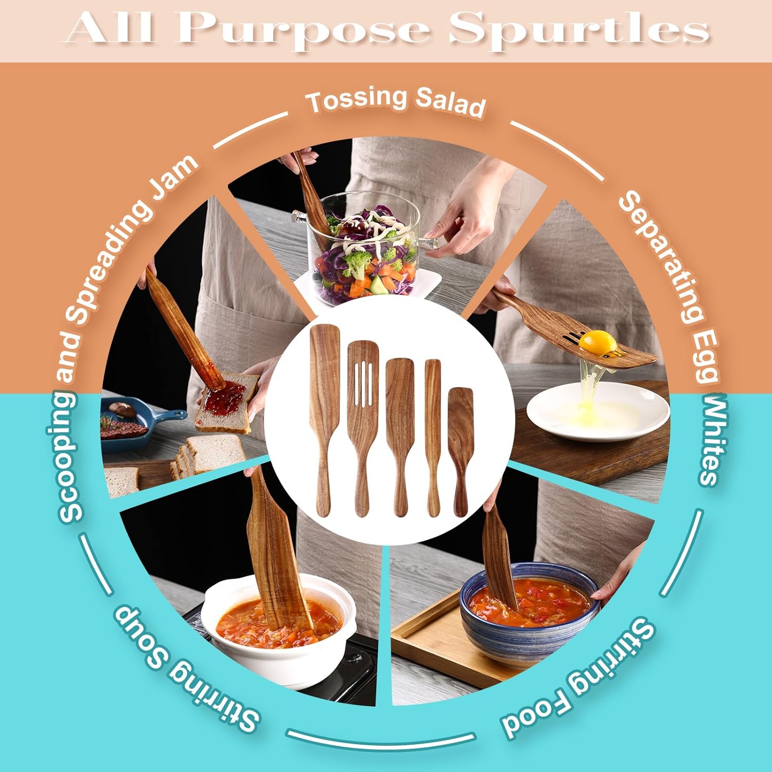 5 Pcs Wooden Spurtle Set, Natural Teak Kitchen Utensil Set Heat Resistant Non-Stick Wooden Spoons