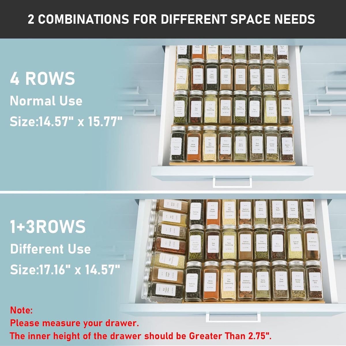 Spice Drawer Organizer with 28 Spice Jars,216 Labels,25 Non-slip Rubber, Bamboo 4 Tier Seasoning