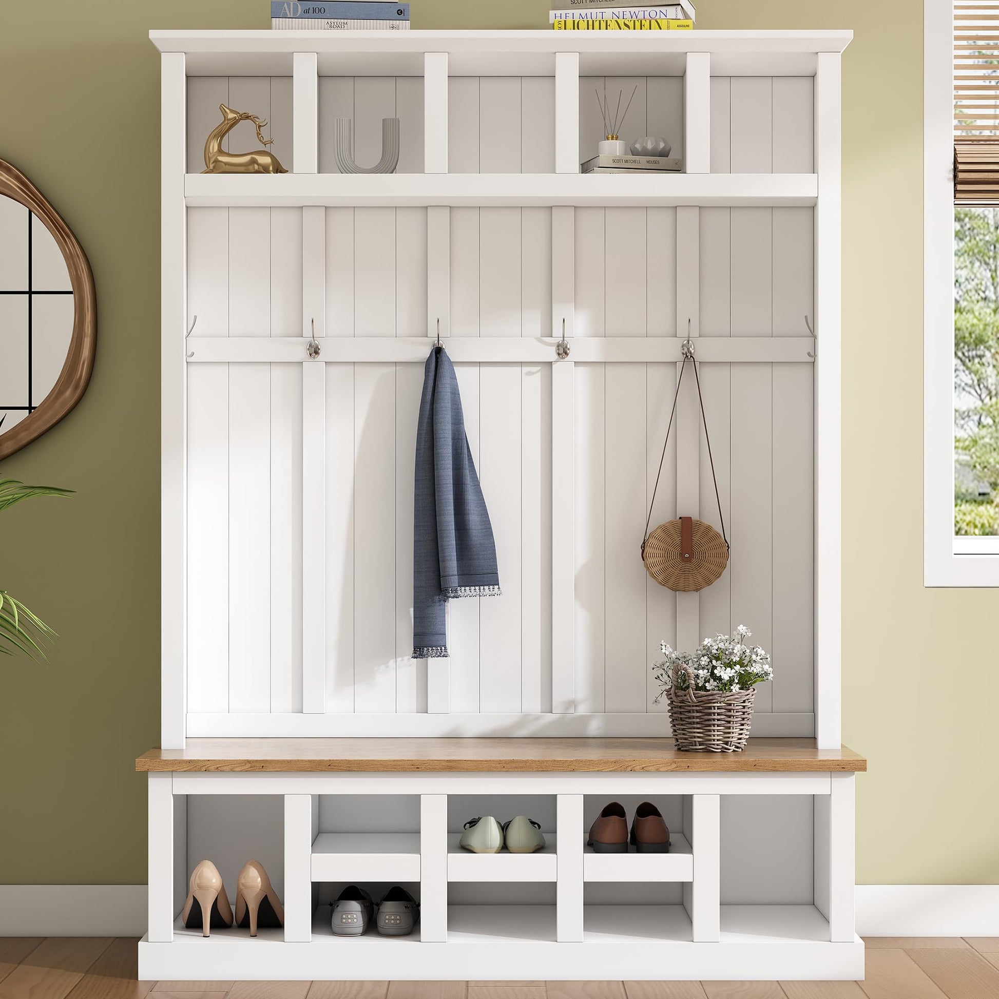 Merax Wood Farmhouse Hall Tree with Storage Entryway Bench, 3-in-1 Coat Racks with 6 Hooks &Shelves