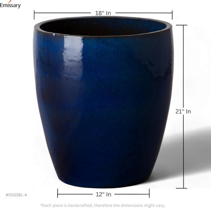 Emissary Bullet 18 in. Blue Ceramic Round Planter (18 in. L x 18 in. W x 21 in. H) with Drainage