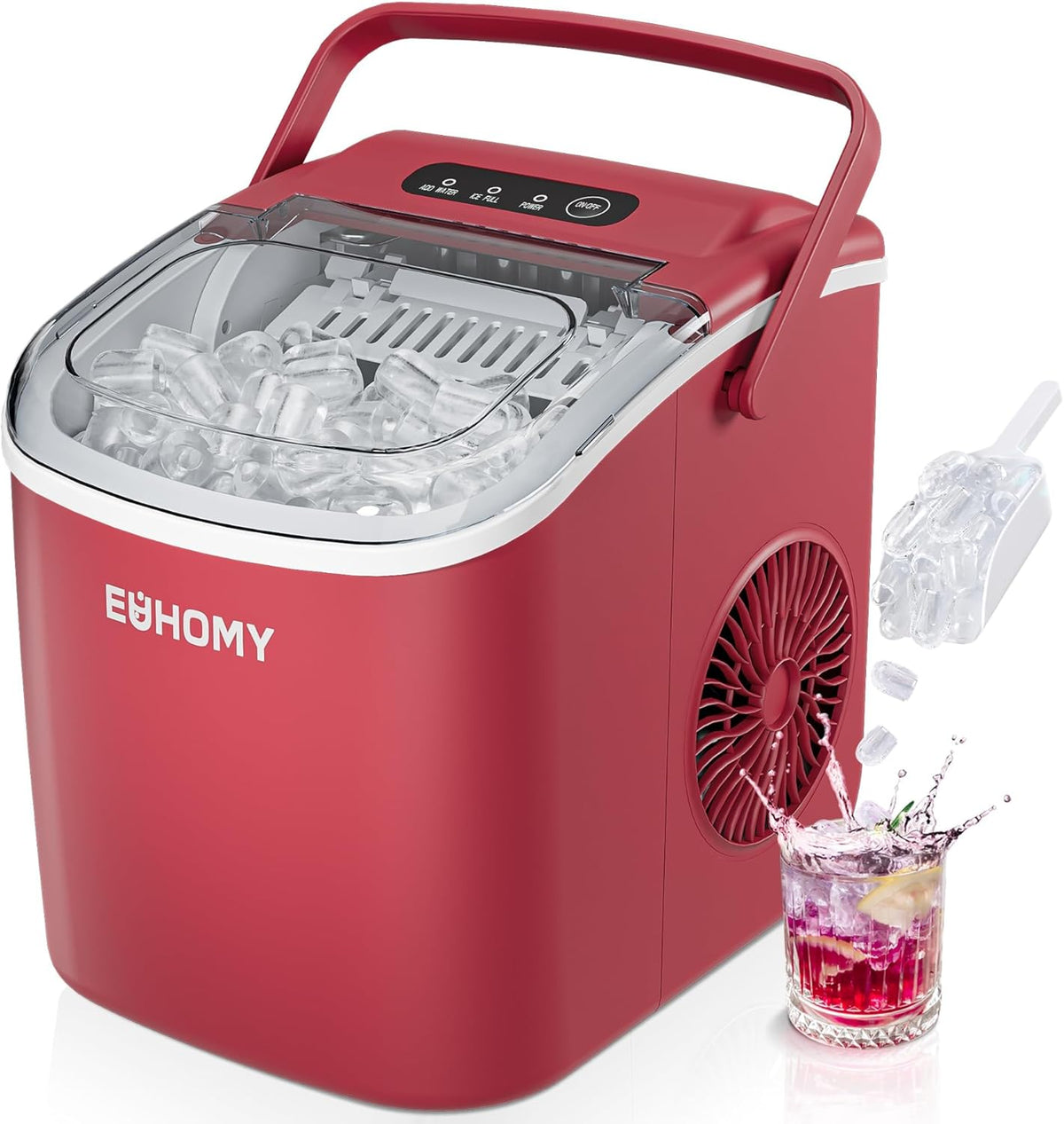 EUHOMY Countertop Ice Maker Machine with Handle, 26lbs Per Day, 9 Ice Cubes Ready in 6 Mins