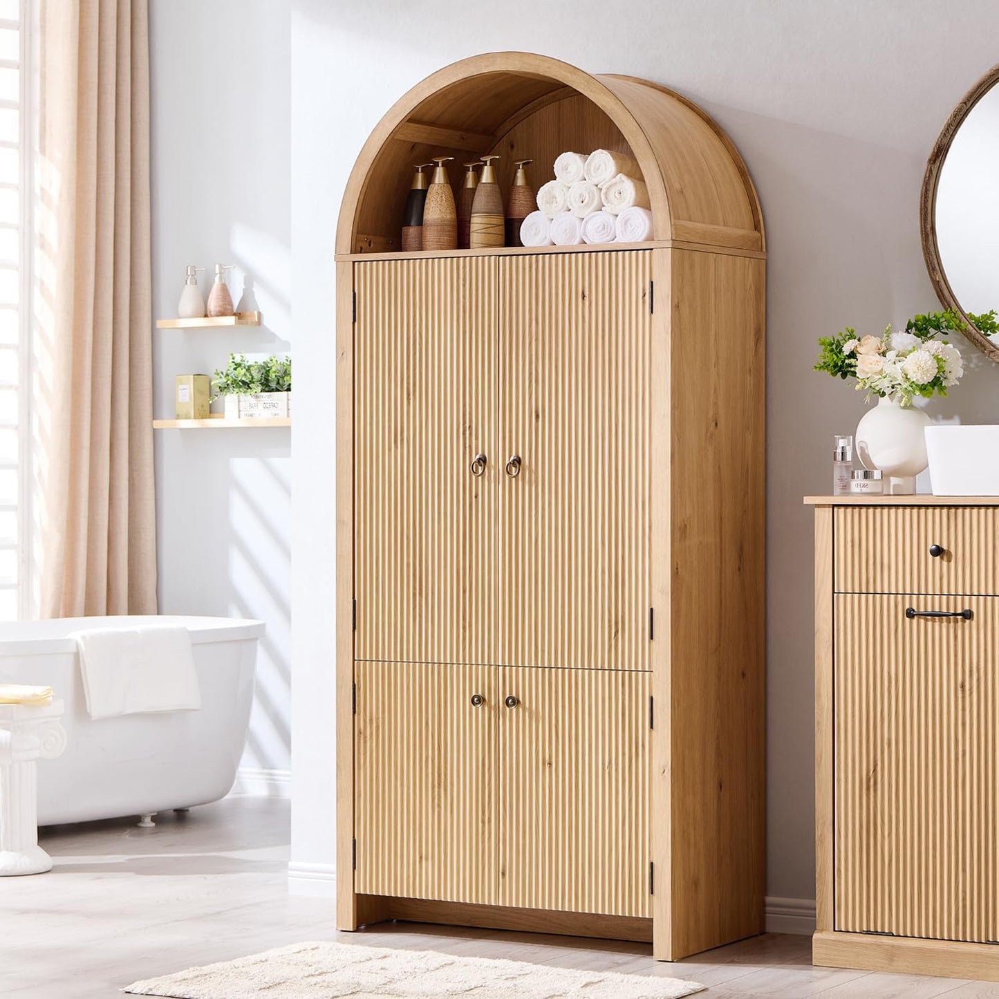 71" Tall Arched Bathroom Storage Cabinet, Modern Fluted Storage Cabinet w/Doors, 3 Adjustable