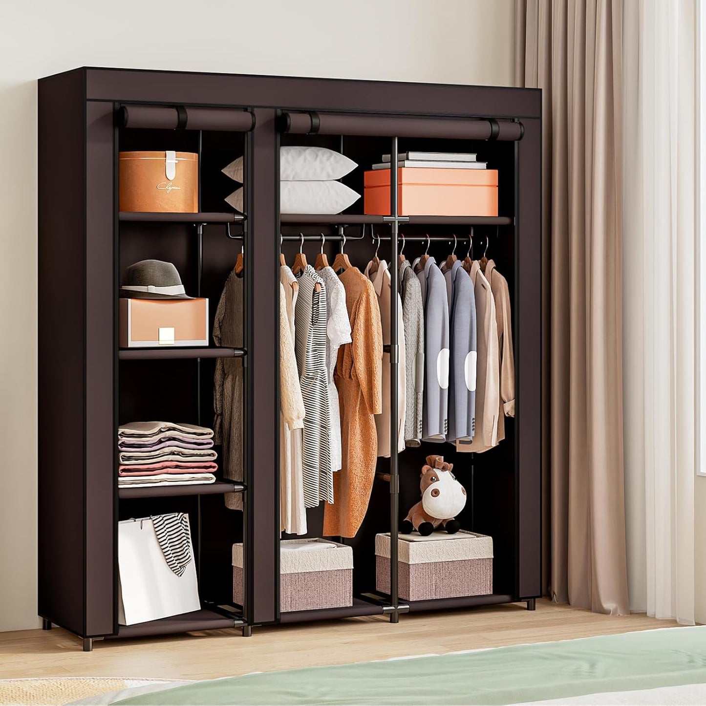 SORCEDAS Portable Wardrobe Closet Storage Organizer Metal Hanging Rack Non-Woven Fabric (Coffee, 51