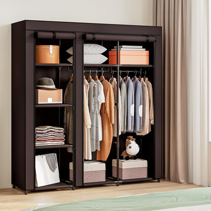 SORCEDAS Portable Wardrobe Closet Storage Organizer Metal Hanging Rack Non-Woven Fabric (Coffee, 51
